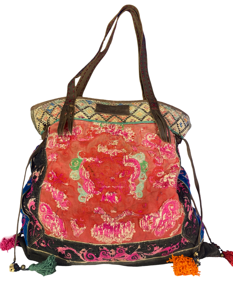 Casablanca - Large Vintage Boho Shoulder Bag Hmong Fabric in Red and Pink with Green