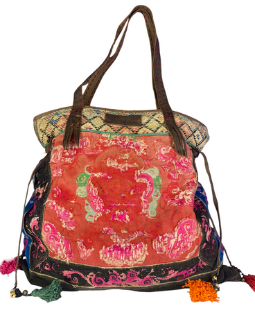 Casablanca - Large Vintage Boho Shoulder Bag Hmong Fabric in Red and Pink with Green
