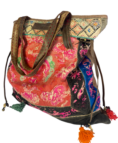 Casablanca - Large Vintage Boho Shoulder Bag Hmong Fabric in Red and Pink with Green