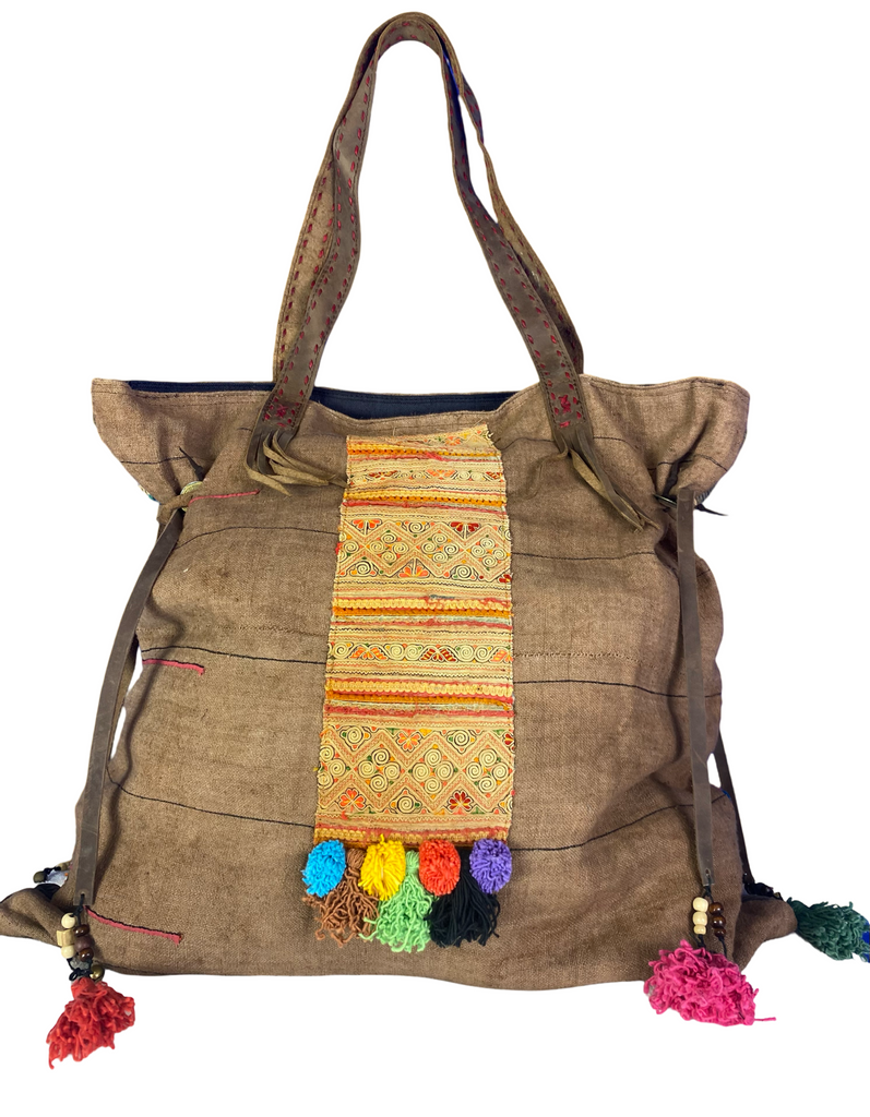 Casablanca - Large Vintage Boho Shoulder Bag Hmong Fabric in Red and Pink with Green