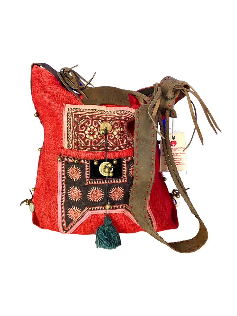 Sabrina - Vintage Shoulder Bag in Cherry Red Colour Hemp & Vintage Hmong Tribal Fabric