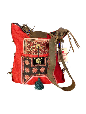 Sabrina - Vintage Shoulder Bag in Cherry Red Colour Hemp & Vintage Hmong Tribal Fabric