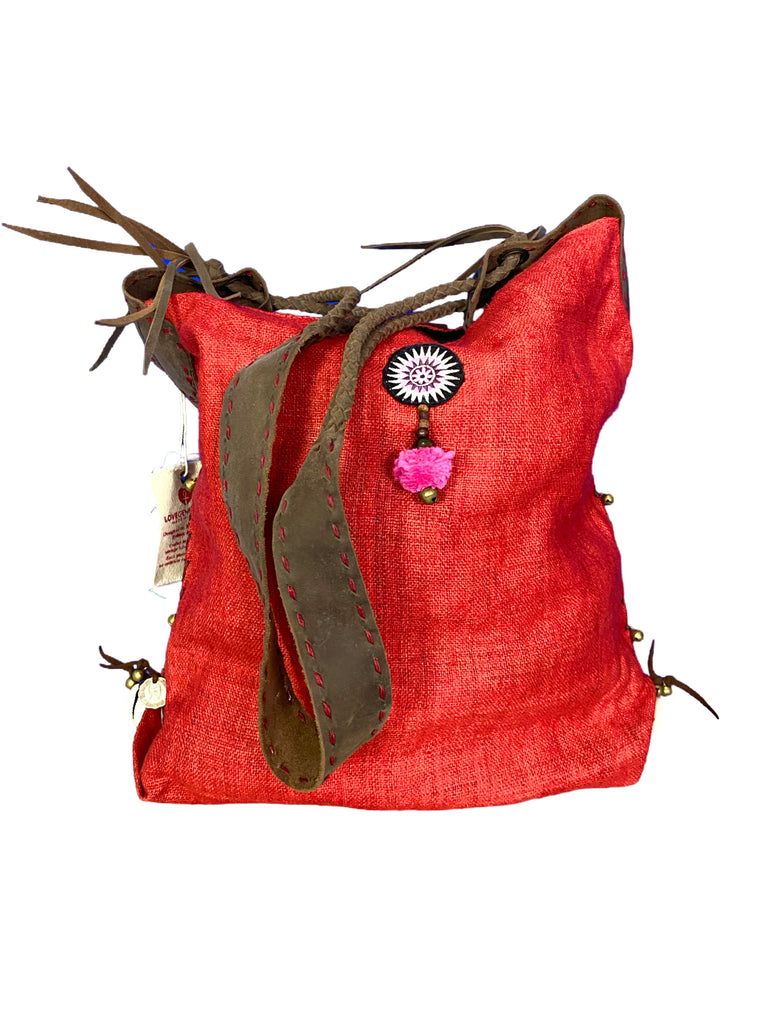 Sabrina - Vintage Shoulder Bag in Cherry Red Colour Hemp & Vintage Hmong Tribal Fabric