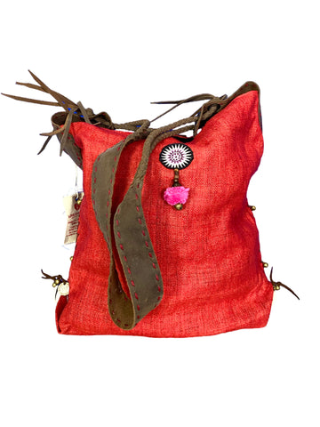 Sabrina - Vintage Shoulder Bag in Cherry Red Colour Hemp & Vintage Hmong Tribal Fabric