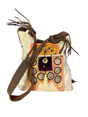 Sabrina - Vintage Shoulder Bag in Ivory White Colour Hemp & Vintage Hmong Tribal Fabric