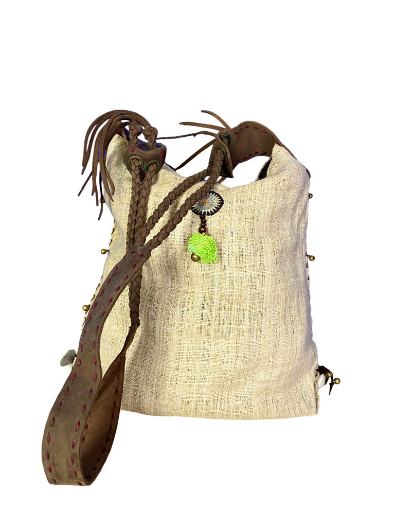 Sabrina - Vintage Shoulder Bag in Ivory White Colour Hemp & Vintage Hmong Tribal Fabric