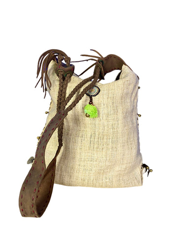 Sabrina - Vintage Shoulder Bag in Ivory White Colour Hemp & Vintage Hmong Tribal Fabric