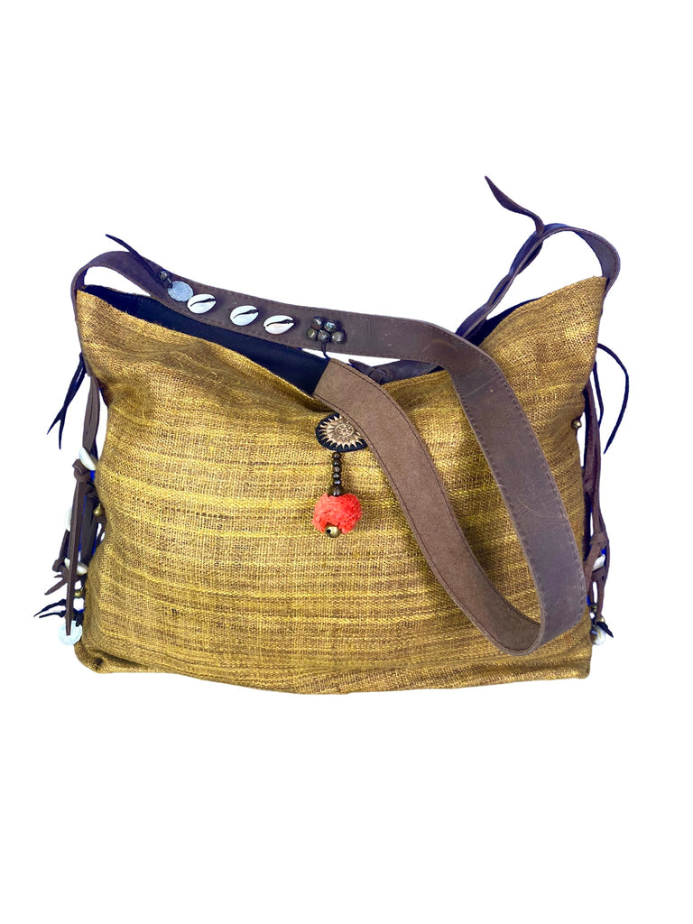 Jezebel - Vintage Shoulder Bag in Wheat Colour Hemp & Vintage Hmong Tribal Fabric