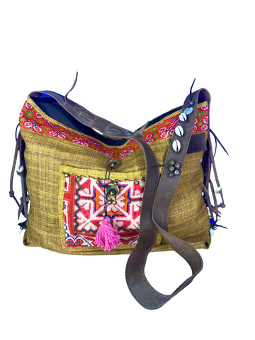 Jezebel - Vintage Shoulder Bag in Wheat Colour Hemp & Vintage Hmong Tribal Fabric