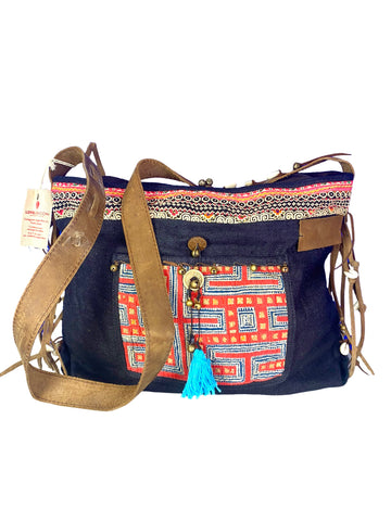 Jezebel - Vintage Shoulder Bag in Charcoal Black Colour Hemp & Vintage Hmong Tribal Fabric