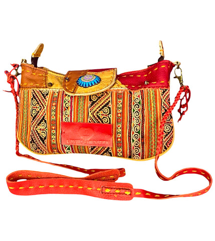 Geronimo- Shoulder Bag/Clutch in Leather and Vintage Hmong Fabric