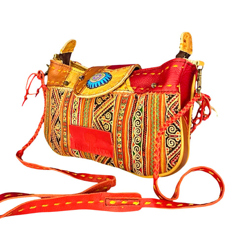 Geronimo- Shoulder Bag/Clutch in Leather and Vintage Hmong Fabric