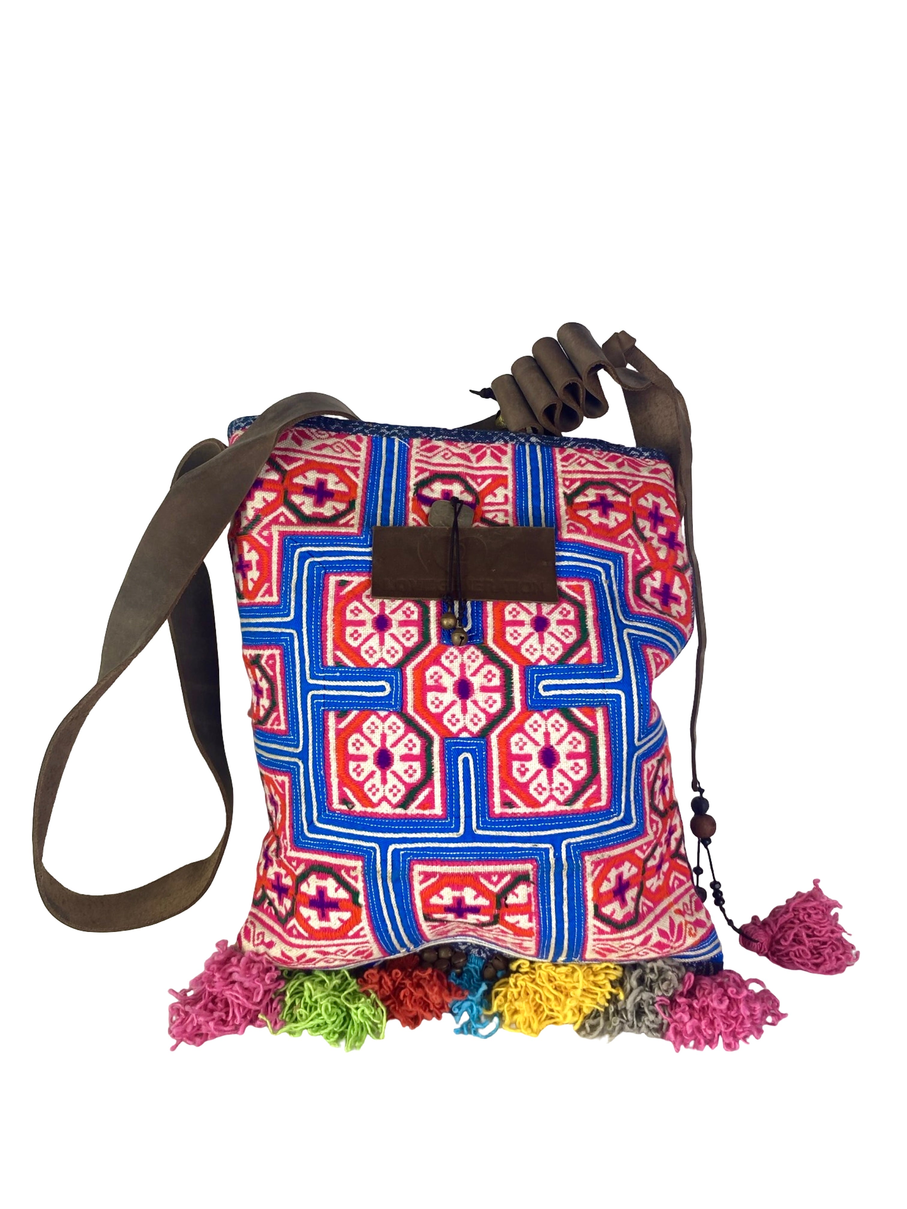 Bohemian Rhapsody -  Shoulder Boho Bag Hmong Fabric in Pink and Blue with Pompom Detail Bohemian Rhapsody -  Shoulder Boho Bag Hmong Fabric in Pink and Blue with Pompom Detail