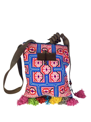 Bohemian Rhapsody -  Shoulder Boho Bag Hmong Fabric in Pink and Blue with Pompom Detail