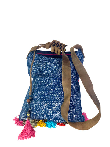 Bohemian Rhapsody -  Shoulder Boho Bag Hmong Fabric in Pink and Blue with Pompom Detail
