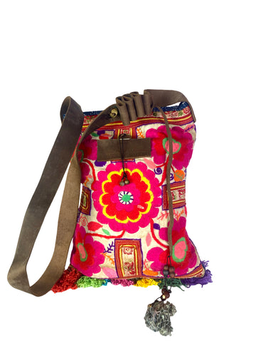 Bohemian Rhapsody -  Shoulder Boho Bag Hmong Fabric in Pink and Red with Pompom Detail