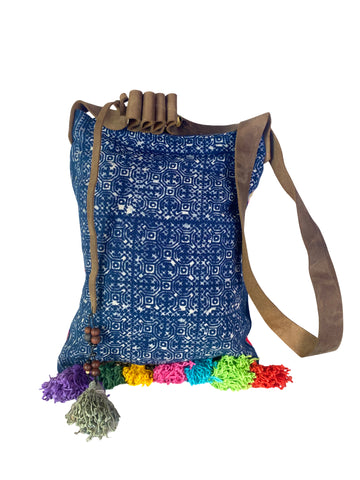 Bohemian Rhapsody -  Shoulder Boho Bag Hmong Fabric in Pink and Red with Pompom Detail