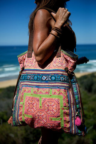Casablanca - Large Vintage Boho Shoulder Bag Hmong Antique Red, Green and Blue Fabric