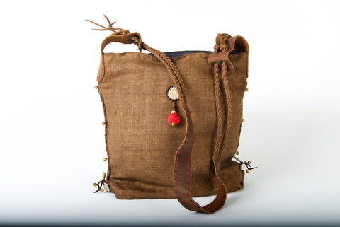 Sabrina - Vintage Shoulder Bag in Coffee Colour Hemp & Vintage Hmong Fabric