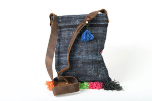 Bohemian Rhapsody -  Shoulder Boho Bag Hmong Fabric in Pink and Blue with Pompom Detail