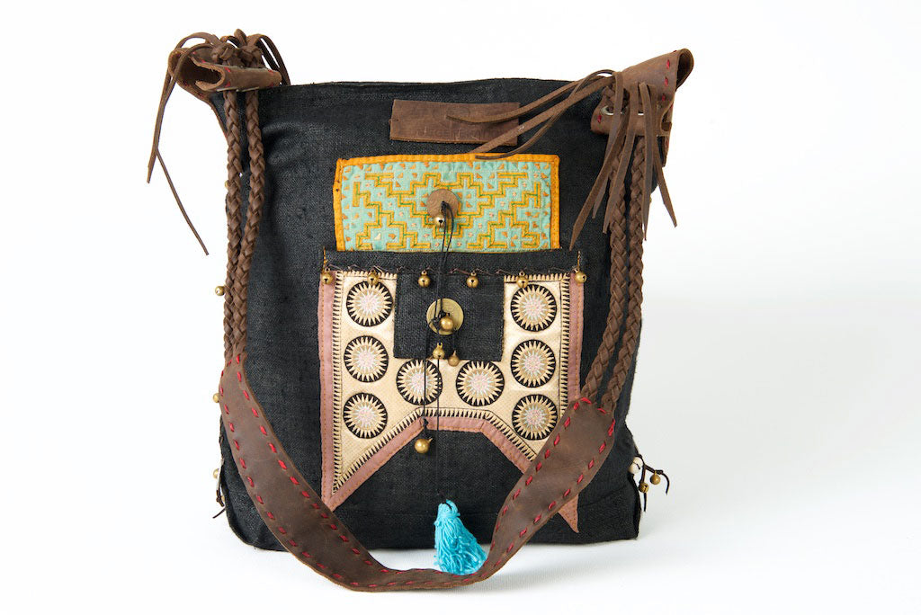 Sabrina - Vintage Shoulder Bag in Charcoal Black Colour Hemp & Vintage Hmong Fabric