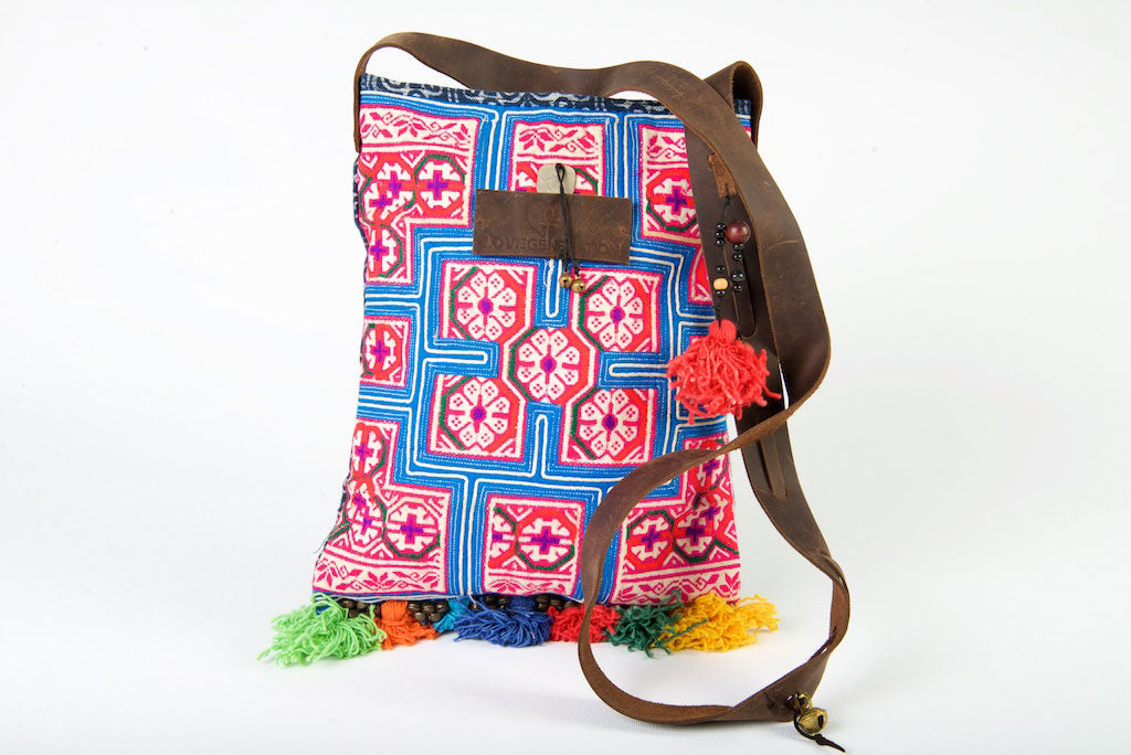 Bohemian Rhapsody - Pink & Blue Shoulder Boho Bag Hmong Fabric with Pompom Detail Bohemian Rhapsody - Pink & Blue Shoulder Boho Bag Hmong Fabric with Pompom Detail