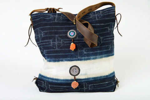 Little Rebel - Unique Handmade Boho Tote Handbag With Leather Detail - Green & Violet