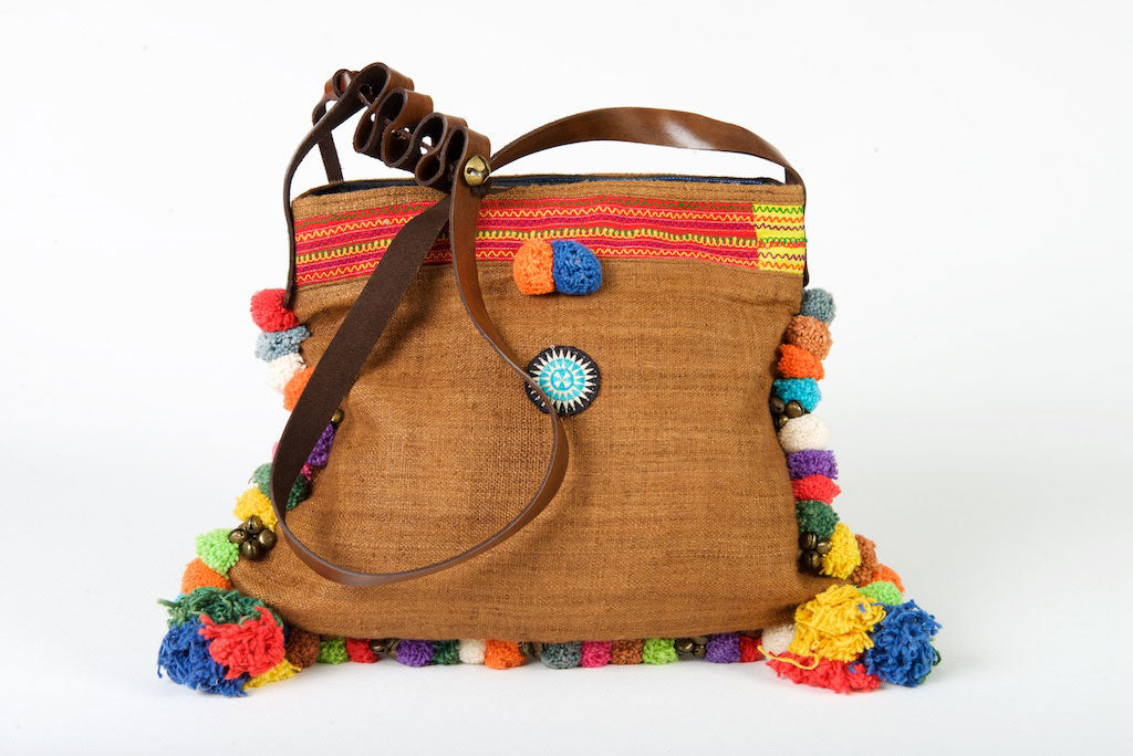 Roman Holiday - Vintage Boho Shoulder Bag in Caramel Hemp + Vintage Hmong Tribal Fabric