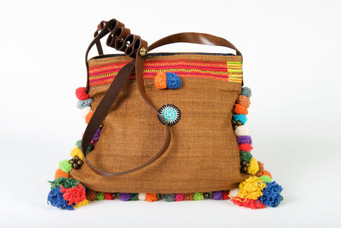 Roman Holiday - Vintage Boho Shoulder Bag in Caramel Hemp + Vintage Hmong Tribal Fabric