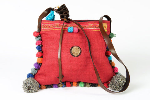 Roman Holiday - Vintage Boho Shoulder Bag in Watermelon Red Hemp With One Of A Kind Multi Coloured Detail