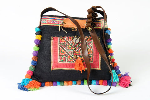 Roman Holiday - Vintage Boho Shoulder Bag in Charcoal Black Hemp - One Of A Kind Red & Black Detail