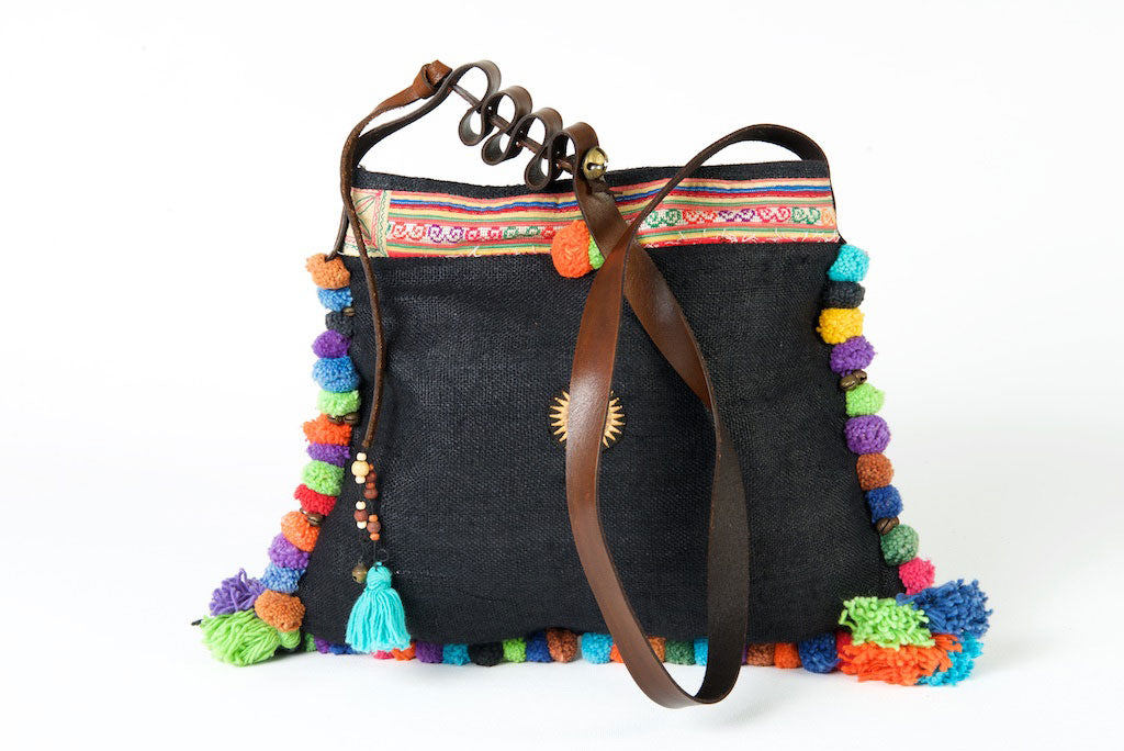 Roman Holiday - Vintage Boho Shoulder Bag in Charcoal Black Hemp - One Of A Kind Red & Black Detail