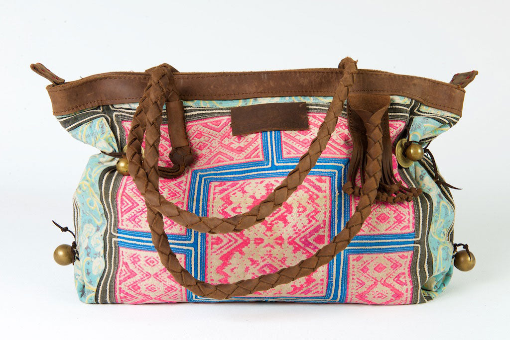 Breakfast at Tiffanys - Large Boho Shoulder Bag - Bohemian Handbag Vintage Pink, Turquoise & Blue