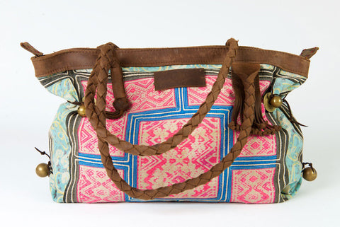 Breakfast at Tiffanys - Large Boho Shoulder Bag - Bohemian Handbag Vintage Pink, Turquoise & Blue