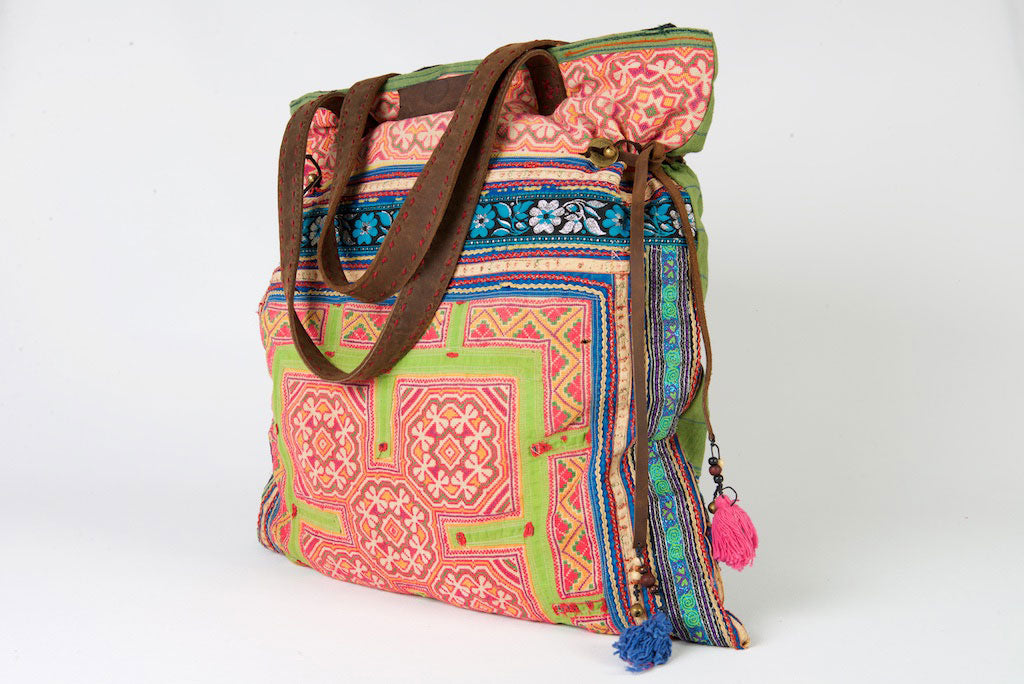 Casablanca - Large Vintage Boho Shoulder Bag Hmong Antique Red, Green and Blue Fabric