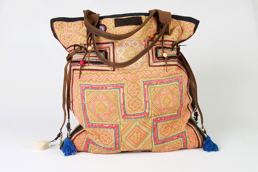 Casablanca - Large Vintage Boho Shoulder Bag Hmong Antique Pink, Yellow & Green Fabric Casablanca - Large Vintage Boho Shoulder Bag Hmong Antique Pink, Yellow & Green Fabric
