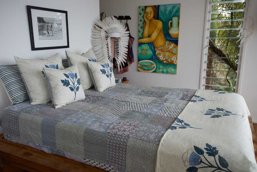 Kantha Vintage Patchwork Quilt 100% Indian Cotton Hand Block Printed in Blue/Grey Tones Kantha Vintage Patchwork Quilt 100% Indian Cotton Hand Block Printed in Blue/Grey Tones