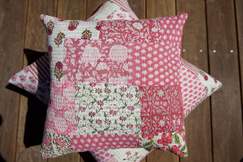 Kantha Vintage Patchwork Pink Boho Cushion 45cm x 45cm