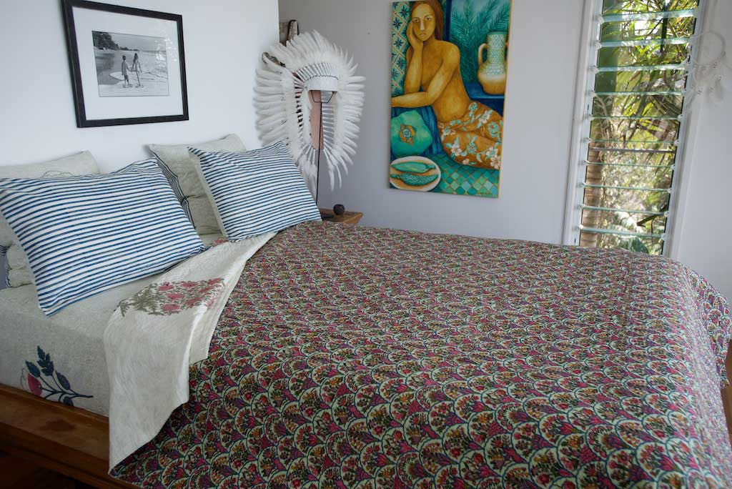 Luxury Hand Block Printed Handstitched Bedcover Queen in Indian Cotton Pink Desert Flower Bush- one only Luxury Hand Block Printed Handstitched Bedcover Queen in Indian Cotton Pink Desert Flower Bush- one only