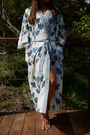 Kimono Robe (Long) Sapphire Blue Colour Hand Blockprint Indian Cotton Free Size