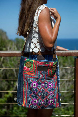 Little Rebel - Unique Handmade Boho Tote Handbag With Leather Detail -  Purple, Green & Indigo