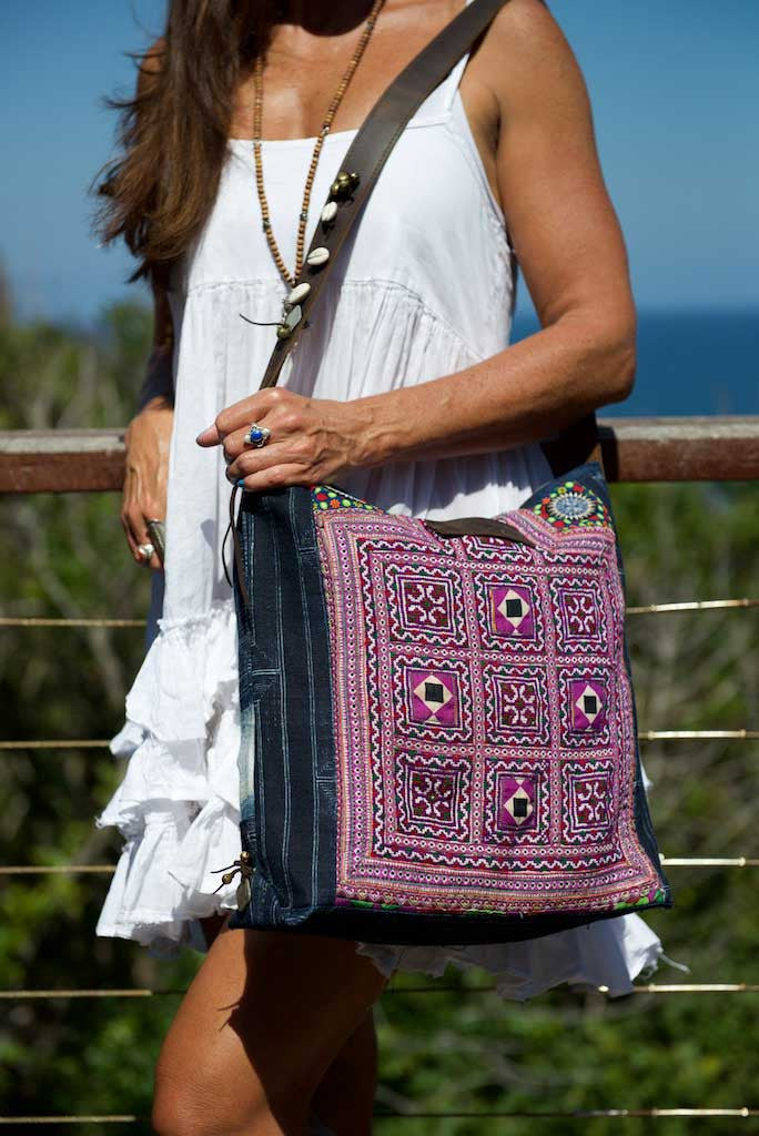 Little Rebel - Unique Handmade Boho Tote Handbag With Leather Detail - Purple