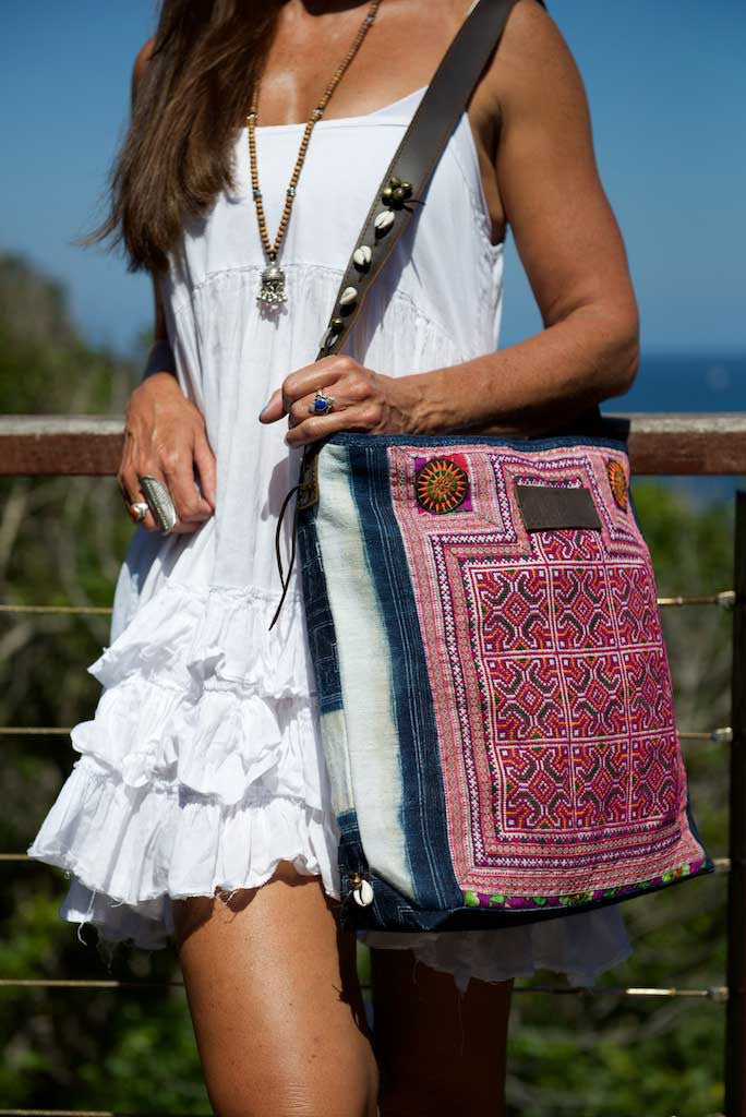 Little Rebel - Unique Handmade Boho Tote Handbag With Leather Detail - Green & Violet