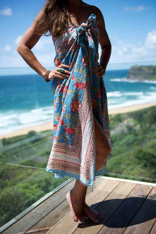 Sarong - Ocean Blue with Red & Gold Flowers Motif  Hand Blockprint Indian Cotton