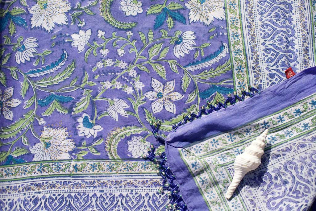 Sarong - Mauve with White Flowers, Green Leaf and Gold Fleck Motif  Hand Blockprint Indian Cotton