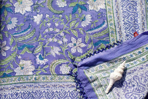 Sarong - Mauve with White Flowers, Green Leaf and Gold Fleck Motif  Hand Blockprint Indian Cotton