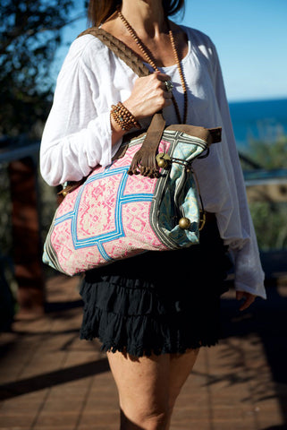 Breakfast at Tiffanys - Large Boho Shoulder Bag - Bohemian Handbag Vintage Pink, Turquoise & Blue