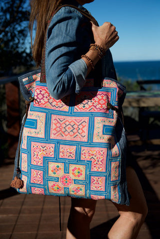 Casablanca - Large Vintage Boho Shoulder Bag Hmong Antique Blue, Orange & Purple Fabric