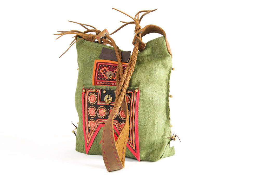 Sabrina - Vintage Shoulder Bag in Emerald Green Hemp & Vintage Hmong Fabric Sabrina - Vintage Shoulder Bag in Emerald Green Hemp & Vintage Hmong Fabric