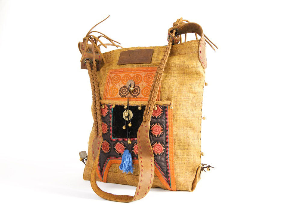 Sabrina - Vintage Shoulder Bag in Caramel Colour Hemp & Vintage Hmong Tribal Fabric Sabrina - Vintage Shoulder Bag in Caramel Colour Hemp & Vintage Hmong Tribal Fabric